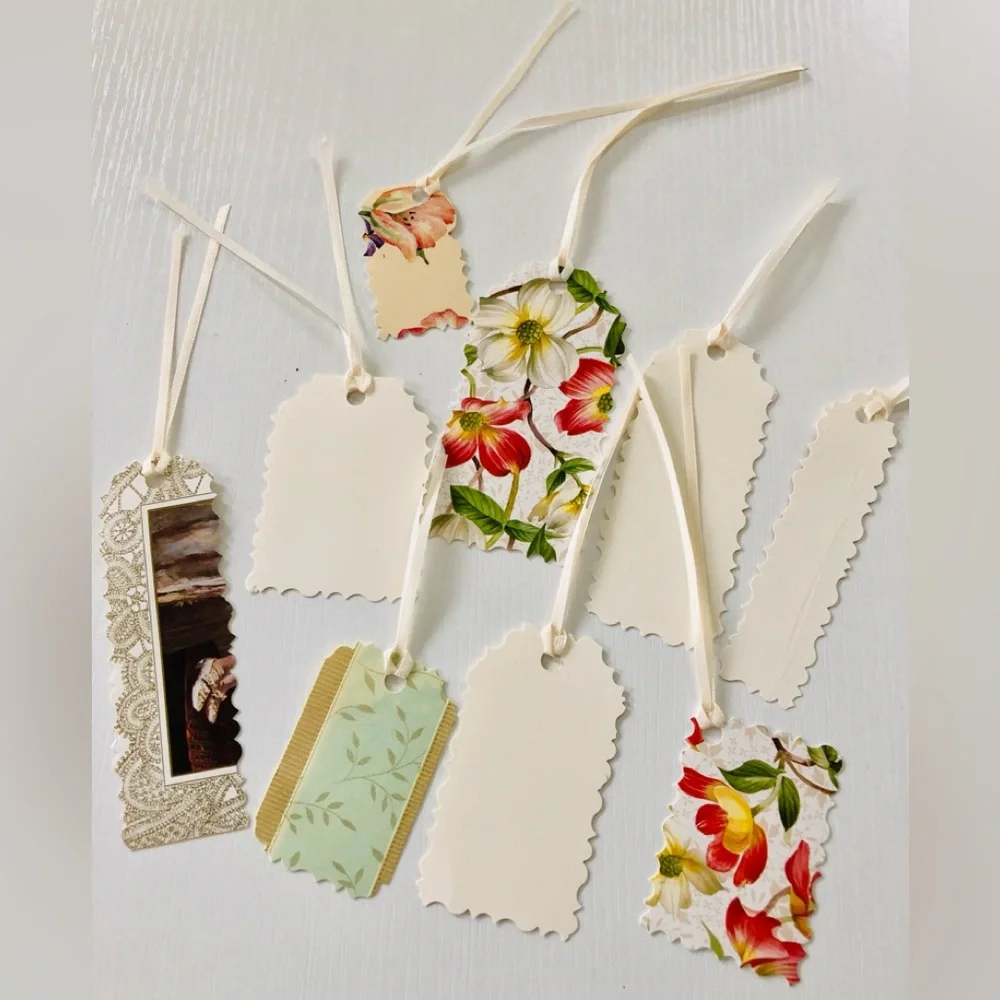 Decorative Gift Tags Set of 16 Heavy card stock satin ribbon ties floral & dot